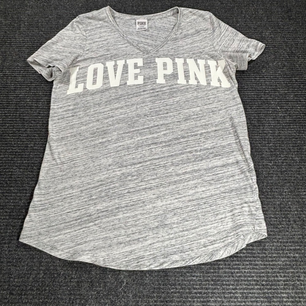 Victoria's Secret PINK Grey Space Dye LOVE PINK Graphic V-Neck T-Shirt Medium